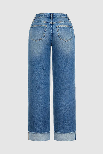 Wash Ripped Roll Hem Mid Waist Straight Leg Jeans