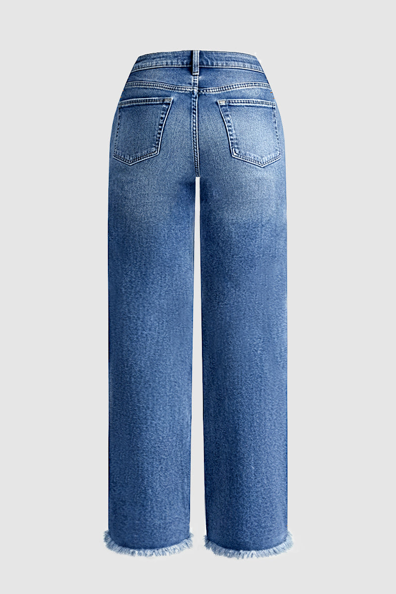 Raw Hem Mid Waist Straight Leg Jeans