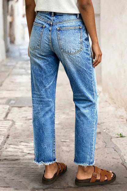 Raw Hem Ripped Mid Waist Straight Leg Crop Jeans