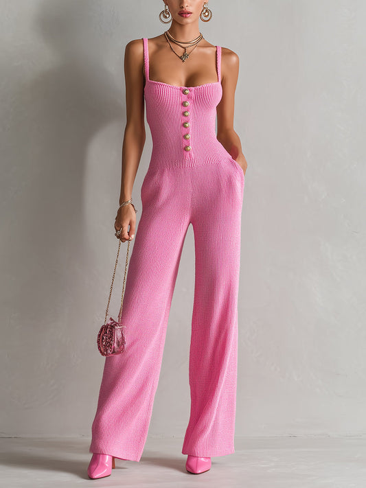 Chic Elegant Hot Pink Square-Neck Sleeveless Gold Button Details Slim-Fit Wide-Leg Ribbed Knit Jumpsuit