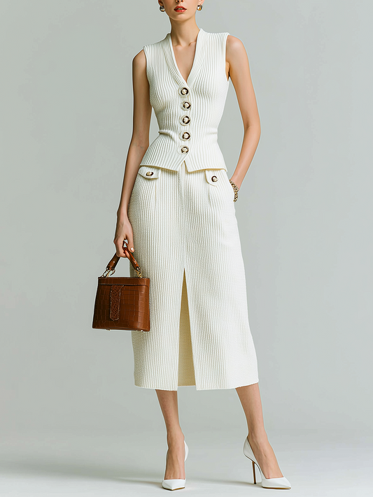 Stylish  Elegant Beige Deep V-neck Button-up Slim-fit Ribbed Vest Paired With A Front-slit Knit Midi Dress Two-piece Set