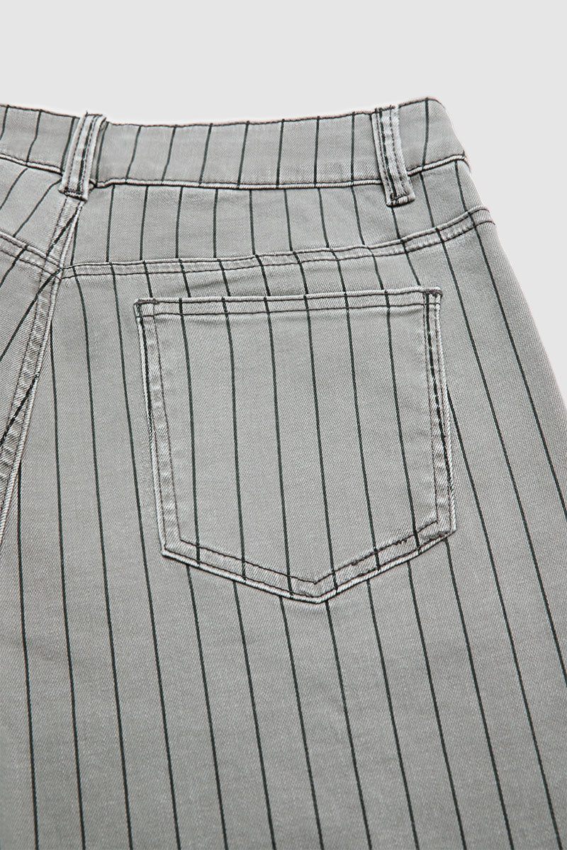 Striped Flap Decor Roll Hem High Waist Cropped Tapered Pants