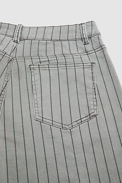 Striped Flap Decor Roll Hem High Waist Cropped Tapered Pants