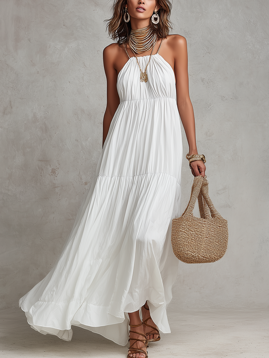 Robe longue blanche de style villégiature française à licou