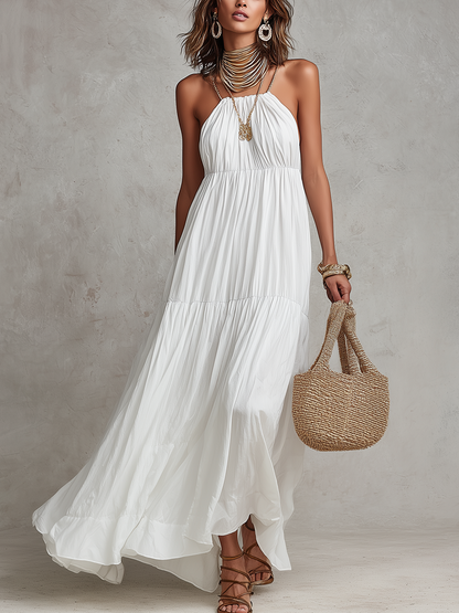 Robe longue blanche de style villégiature française à licou
