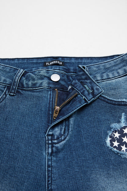 Wash American Flag Pattern Ripped Raw Hem Mid Rise Capri Skinny Jeans