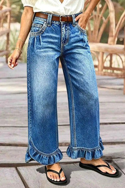 Wash Ruffle Split Hem High Waist Wide Leg Jeans Without Belt