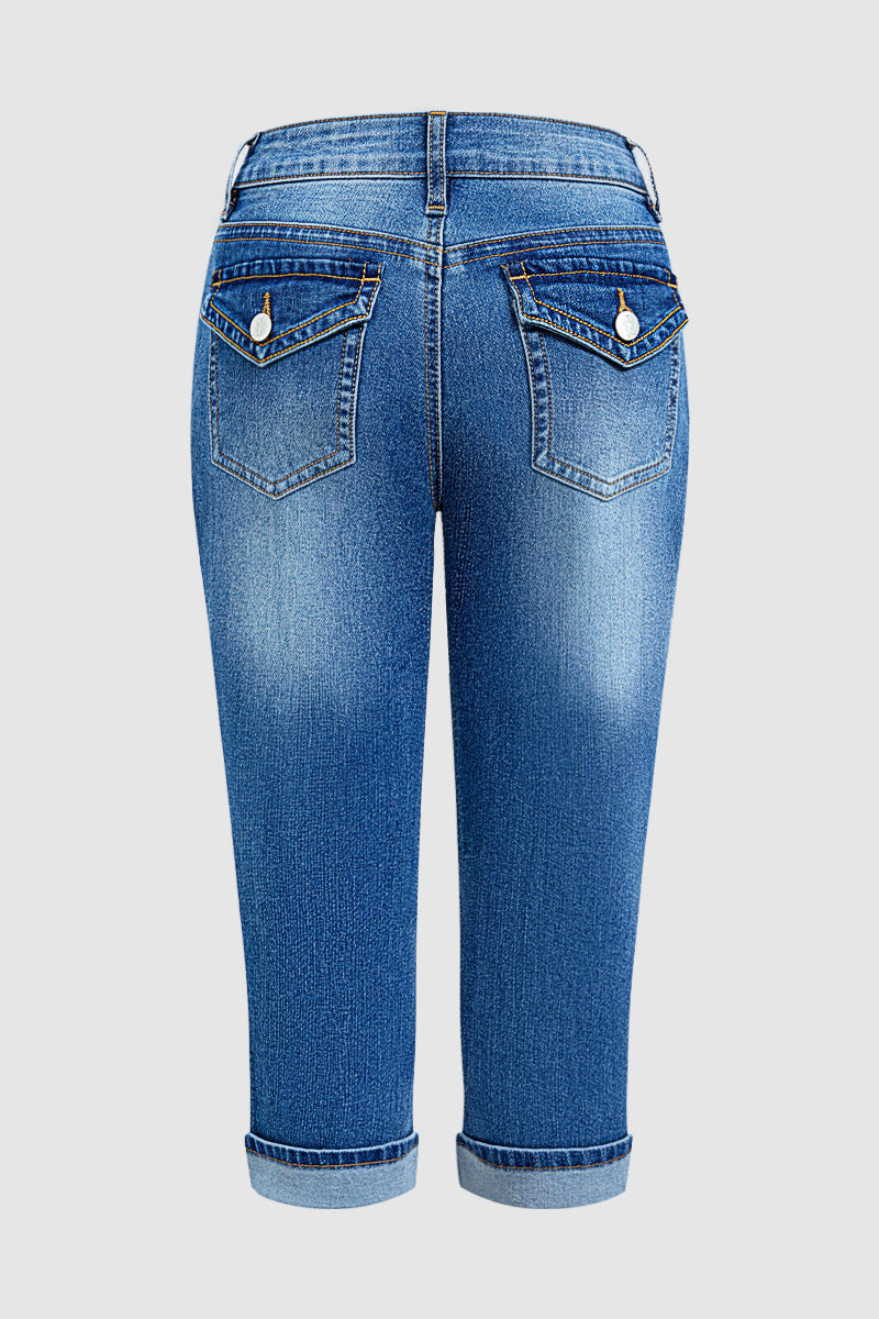 Wash Roll Hem Flap Pocket Mid Waist Straight Leg Capri Jeans