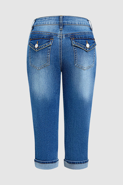 Wash Roll Hem Flap Pocket Mid Waist Straight Leg Capri Jeans