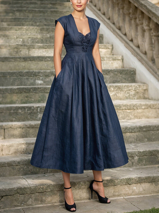 Robe longue en jean, Manches courtes, Encolure dégagée, Unie, Dentelle, Vintage, Bleu