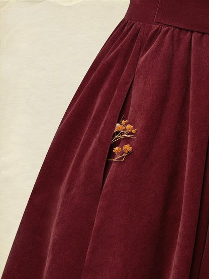 Robe longue en coton, demi-manches, col carré, unie, poches, vintage, rouge