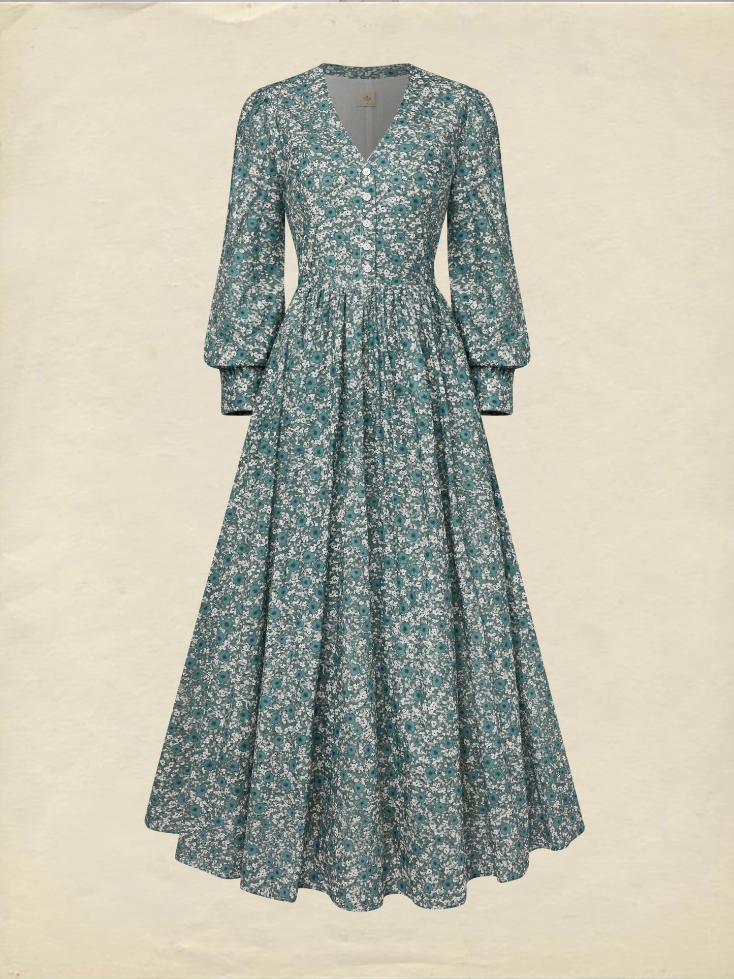 Robe longue en lin, manches longues, col en V, motif floral, boutonnée, style vintage, verte