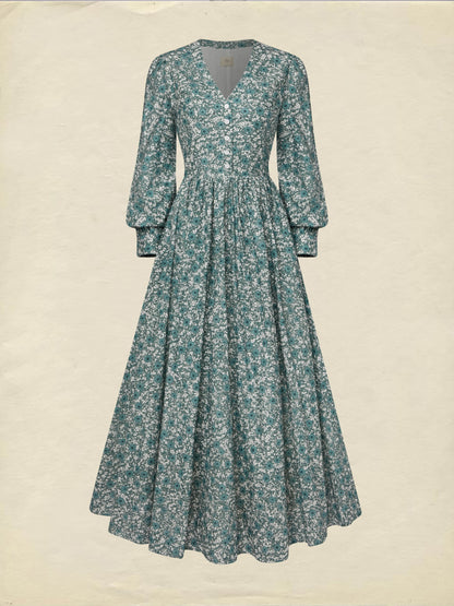 Robe longue en lin, manches longues, col en V, motif floral, boutonnée, style vintage, verte