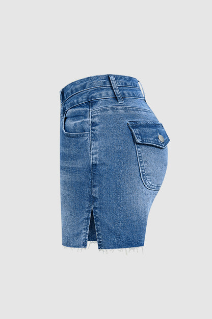 Wash Split Raw Hem Flap Pocket Mid Rise Denim Shorts