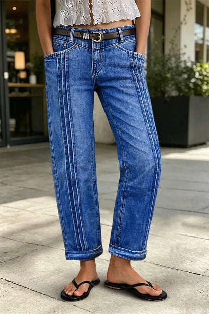 Wash Pleated High Rise Straight Leg Crop Jeans Without Belt