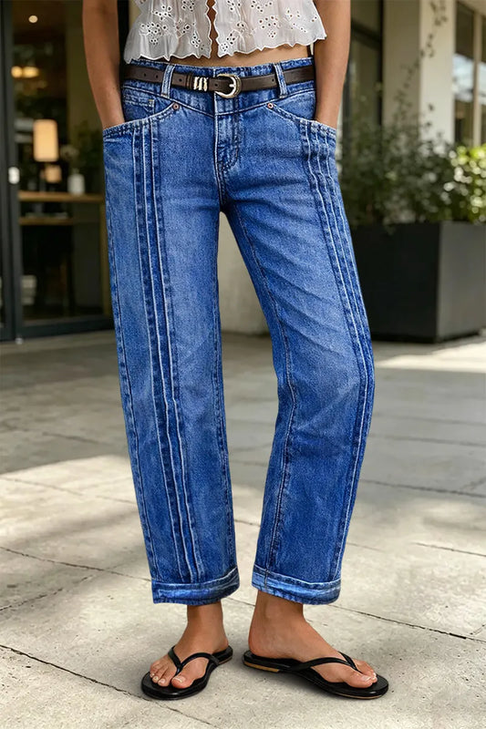 Wash Pleated High Rise Straight Leg Crop Jeans Without Belt