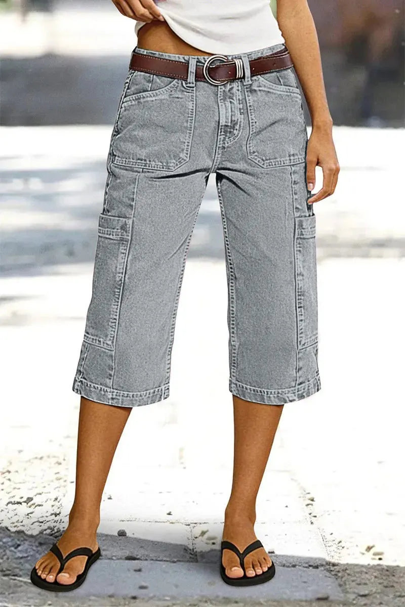 Stitch Detail Side Pocket Mid Waist Straight Leg Capri Pants Without Belt