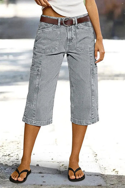 Stitch Detail Side Pocket Mid Waist Straight Leg Capri Pants Without Belt