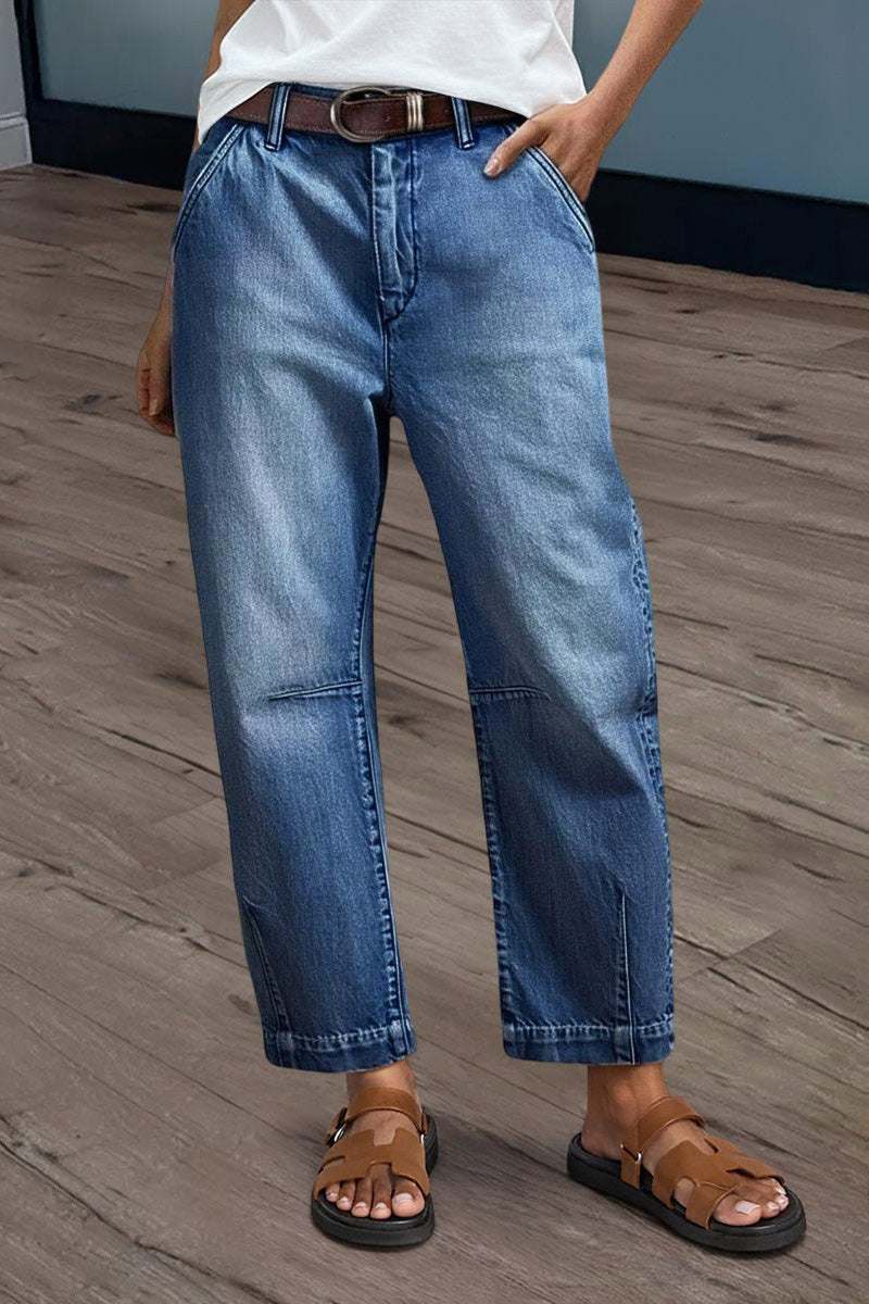 Wash Stitch Detail Mid Rise Barrel Leg Crop Jeans Without Belt