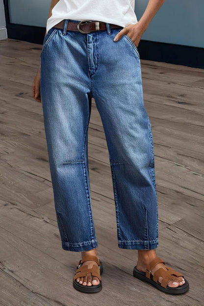 Wash Stitch Detail Mid Rise Barrel Leg Crop Jeans Without Belt