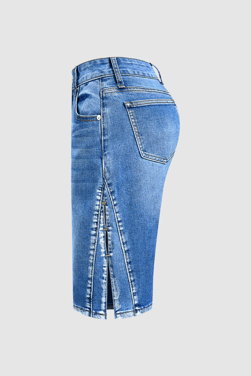 Wash Split Hollow Out Mid Waist Denim Bermuda Shorts