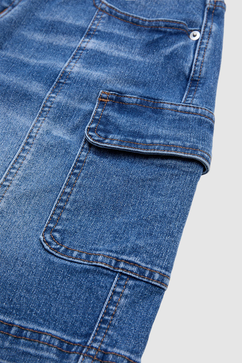 Wash Flap Pocket Seam Front Mid Rise Mid Thigh Denim Shorts Without Belt