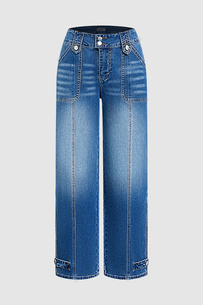 Stitch Detail Button Tab Wide Leg Mid Waist Jeans