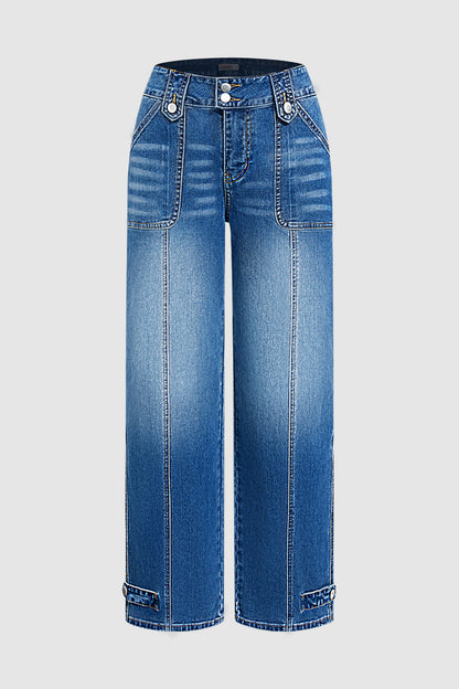 Stitch Detail Button Tab Wide Leg Mid Waist Jeans
