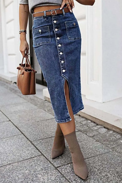 Wash Split Hem Button Up Midi Denim Skirt Without Belt