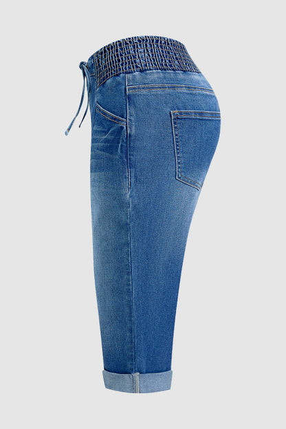 Drawstring Roll Hem Shirred Mid Waist Skinny Capri Jeans