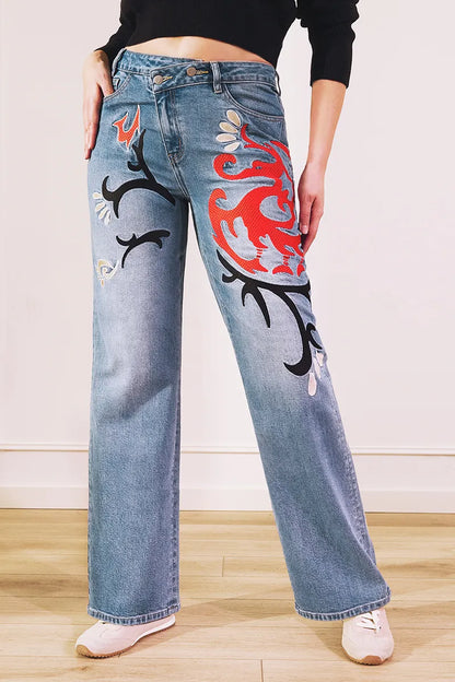 Wash Artistic Embroidery Dual Button Wrap Mid Waist Straight Leg Jeans