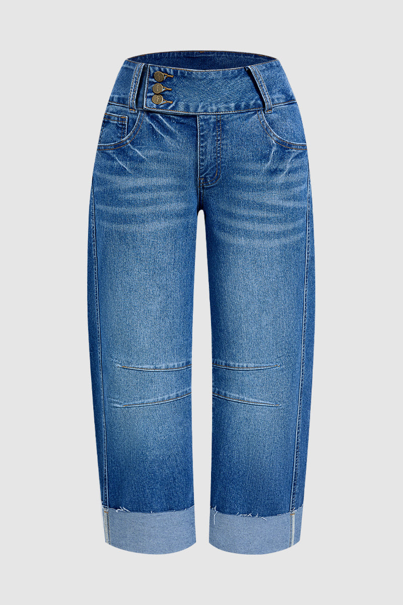 Wash Roll Hem Button Up Mid Rise Barrel Leg Crop Jeans