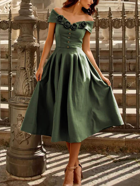 Robe midi en lin, manches courtes, unie, vintage, verte