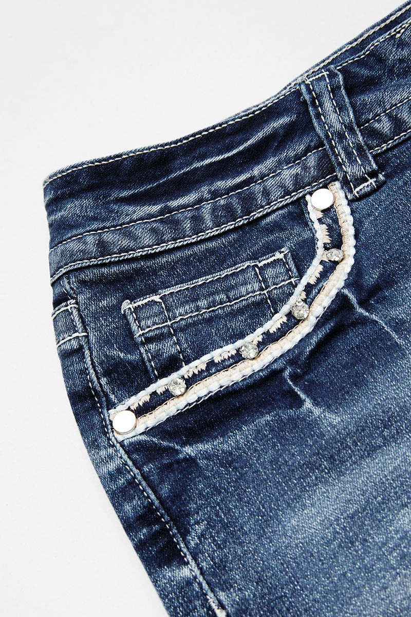 Bull & Floral Embroidered Raw Hem Mid Rise Denim Shorts