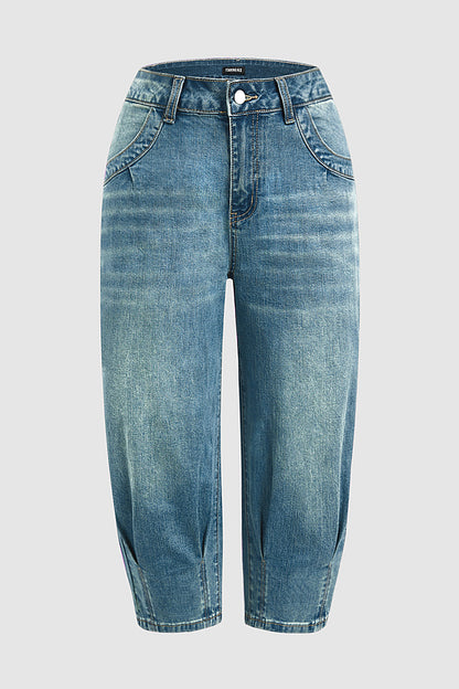 Wash Pleated Mid Rise Capri Tapered Jeans Without Belt