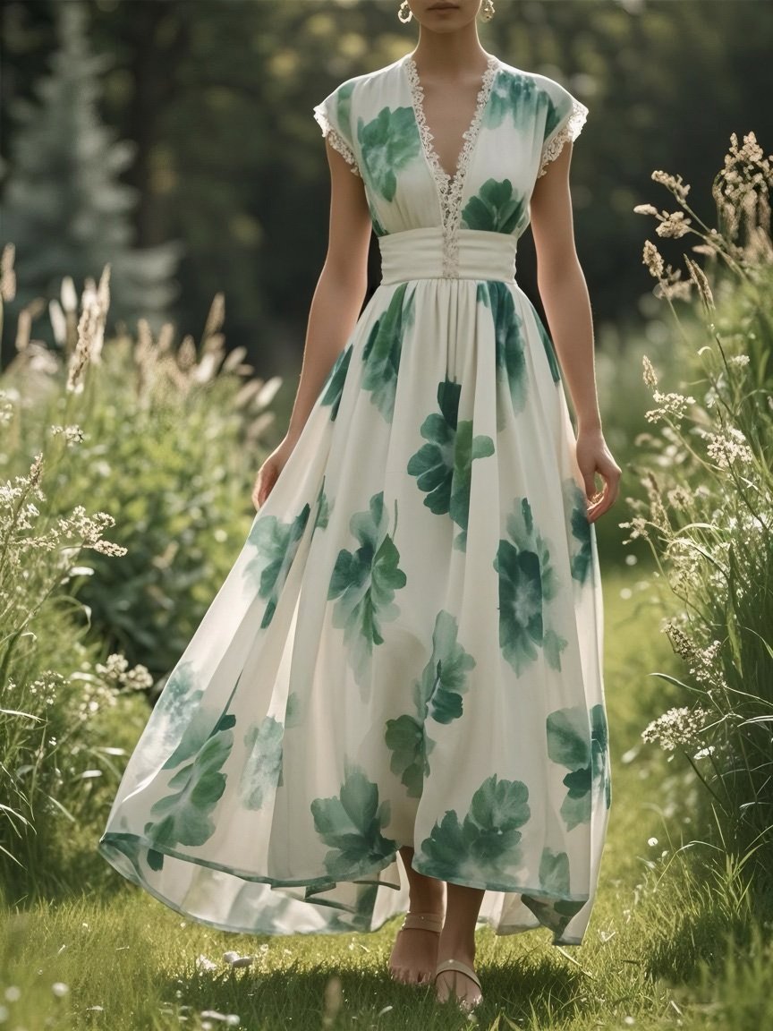 (TAILLE:XS-XXL)Robe longue en lin, sans manches, col en V, florale, vintage, verte