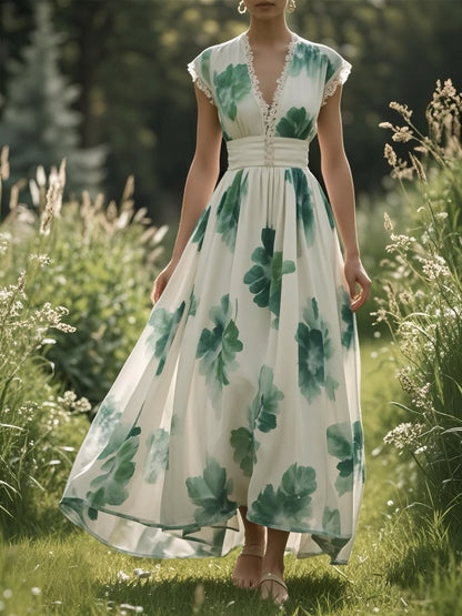 (TAILLE:XS-XXL)Robe longue en lin, sans manches, col en V, florale, vintage, verte
