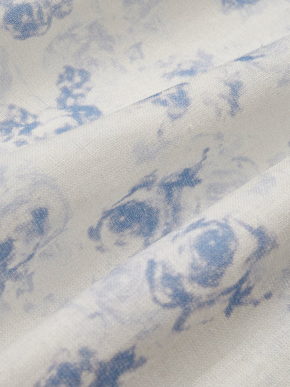 Robe Longue en Lin, Manches Mi-Longues, Col Carré, Robe Style Cottagecore, Mélange de Lin, Bleue