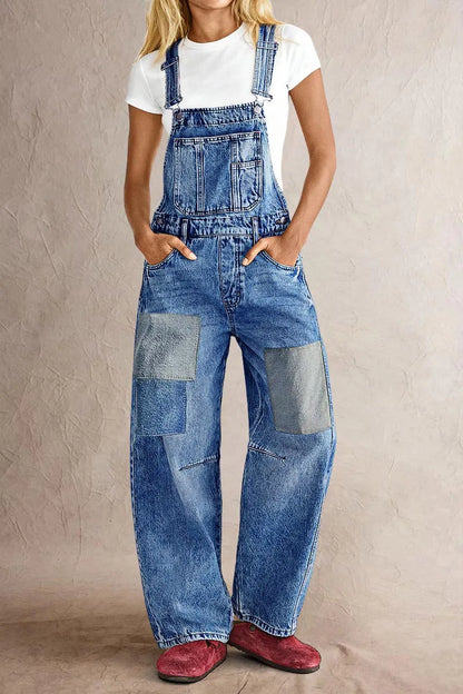 Patched Stitch Detail Barrel Leg Denim Overalls