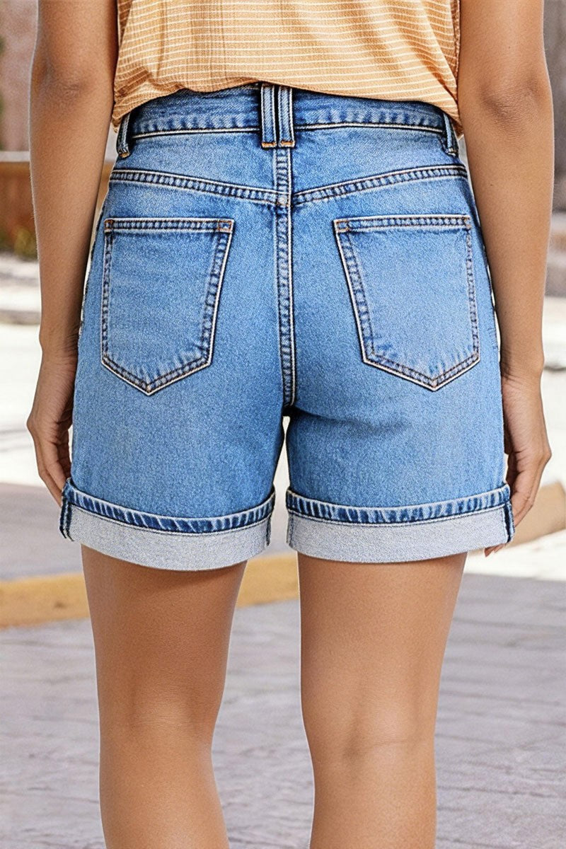 Roll Hem Floral Embroidery Mid Waist Denim Shorts