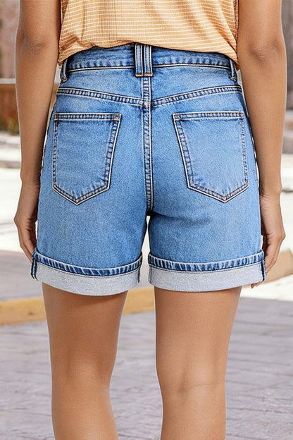 Roll Hem Floral Embroidery Mid Waist Denim Shorts
