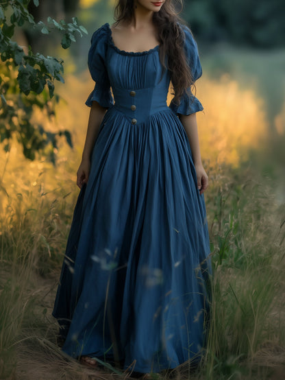 Robe longue en lin, col rond, manches courtes, ceinture, style victorien, robe de princesse, bleue