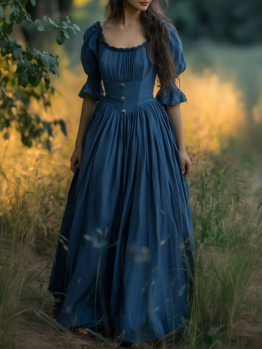 Robe longue en lin, col rond, manches courtes, ceinture, style victorien, robe de princesse, bleue
