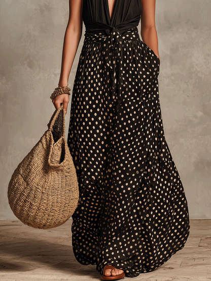 Robe longue élégante bohème à pois et dos nu