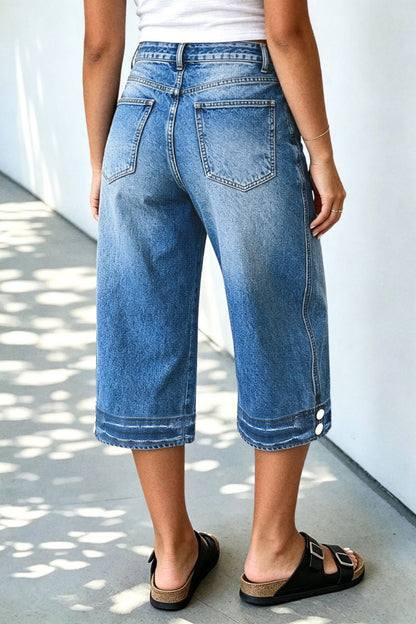 Wash Button Decor Mid Waist Barrel Leg Capri Jeans