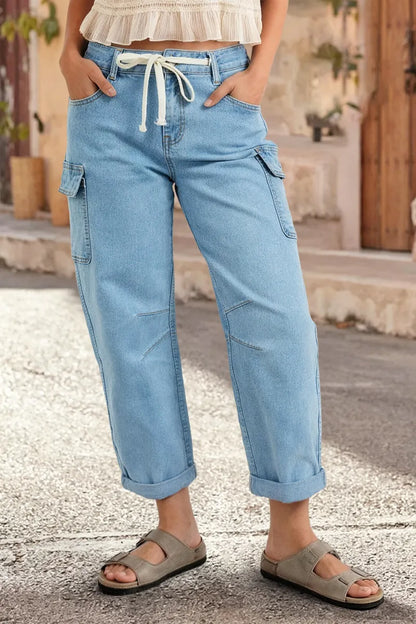 Floral Print Roll Hem Drawstring High Waist Barrel Leg Crop Jeans