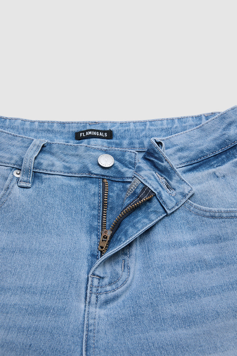 Cut & Sew Raw Hem Mid Rise Wide Leg Jeans Without Belt