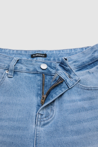 Cut & Sew Raw Hem Mid Rise Wide Leg Jeans Without Belt