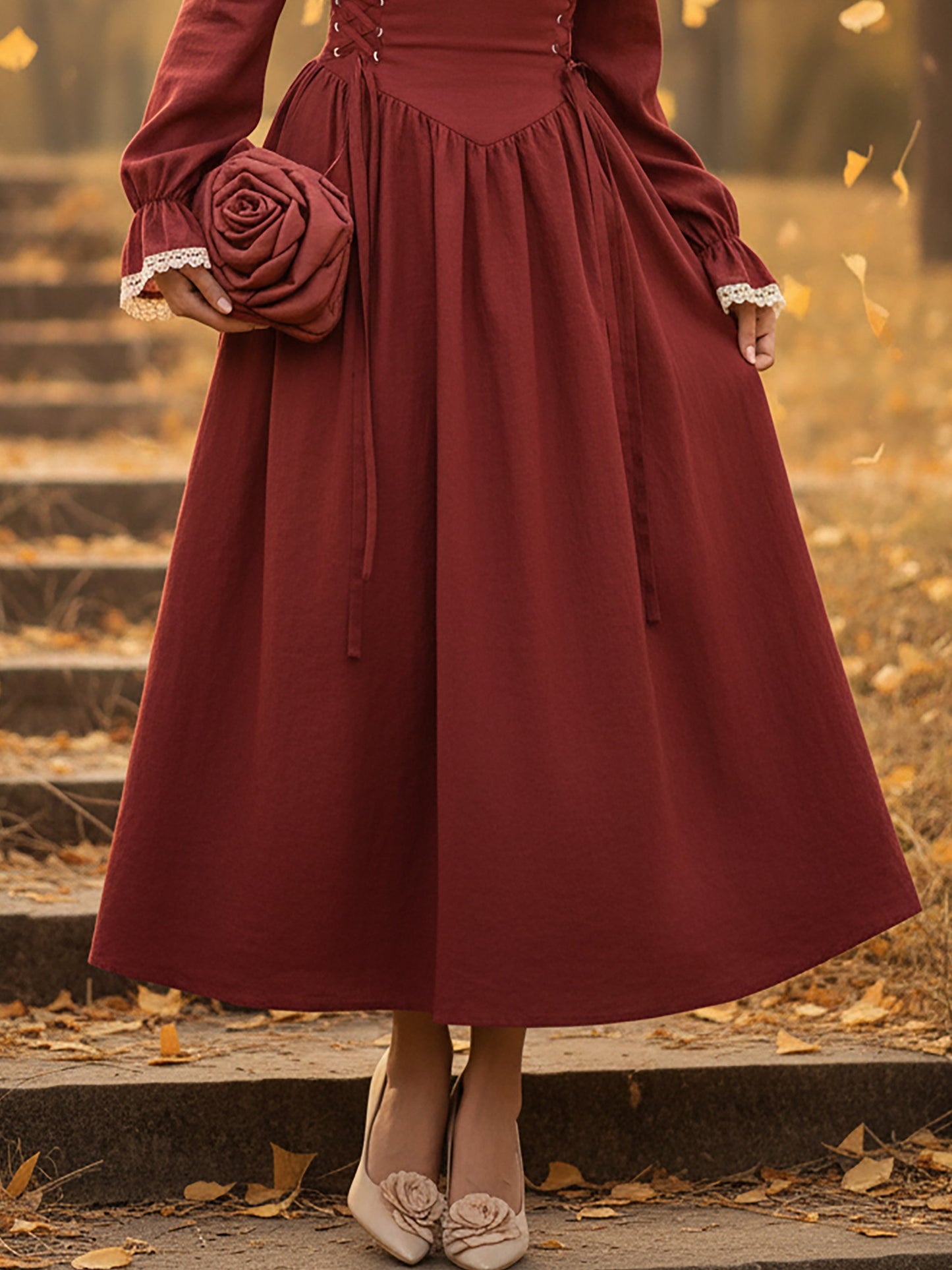 Robe longue en lin, manches longues, col carré, unie, dentelle, style vintage français, rouge