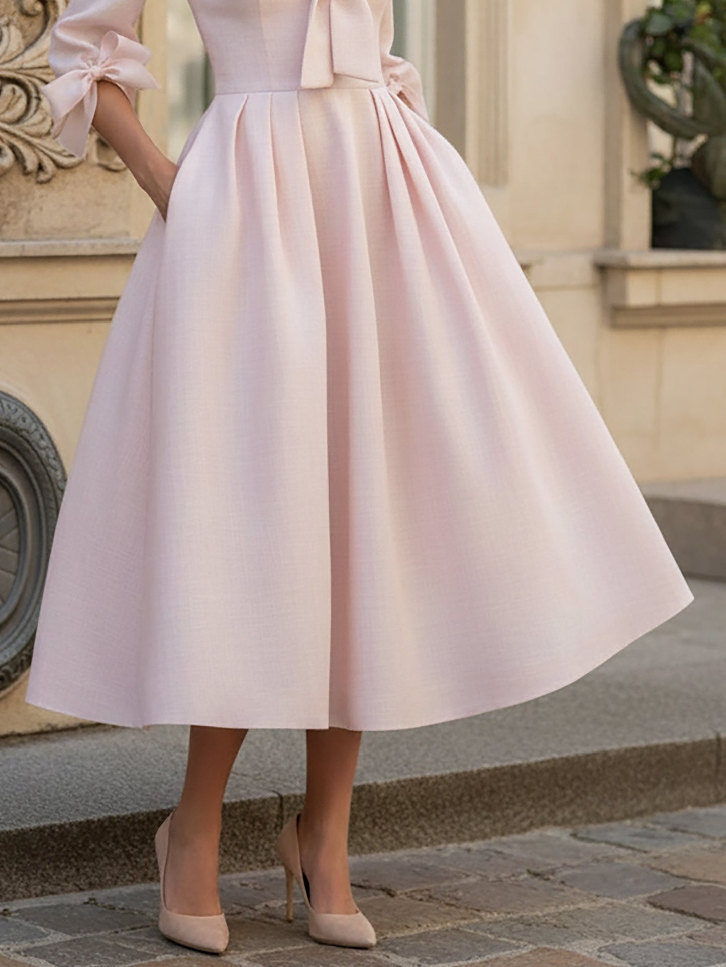 Robe midi en lin, manches courtes, col en V, unie, poches, style vintage français, rose clair